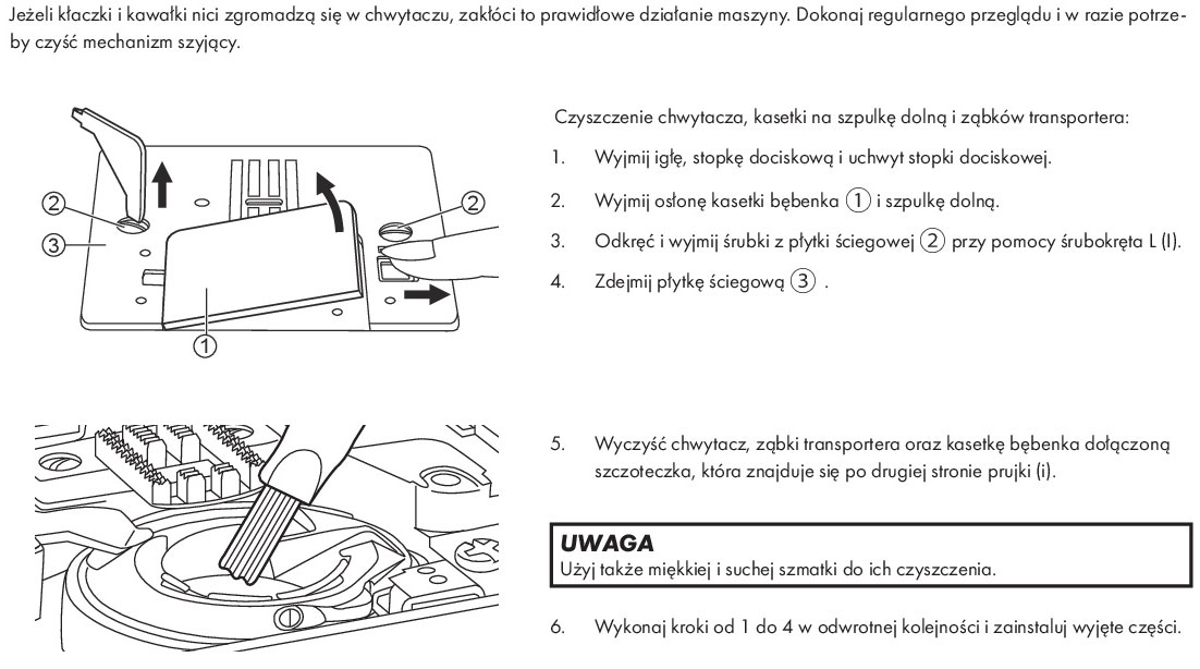 Czyszczenie chwytacza, kasetki na szpulkę dolną i ząbków transportera